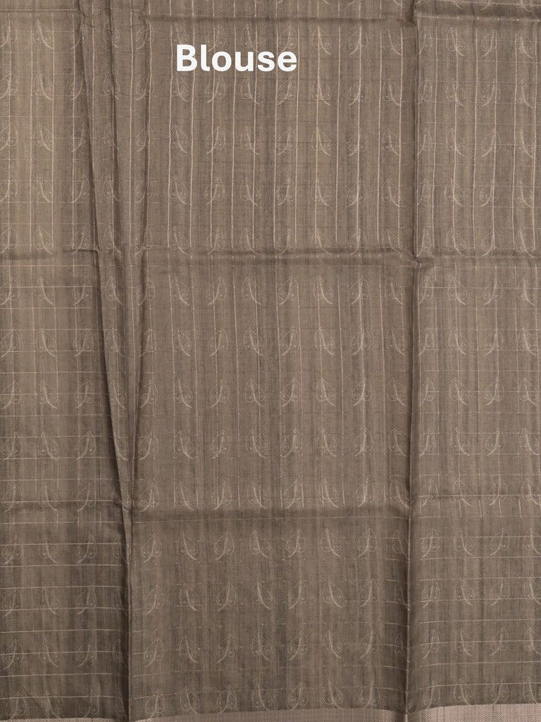 Tussar fancy saree grey color allover prints & small kaddi border with short printed pallu and attached blouse