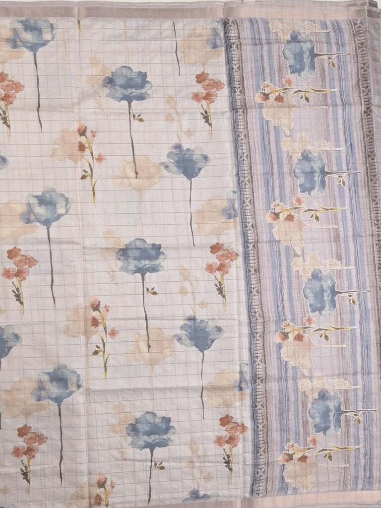 Tussar fancy saree half white color allover prints & small kaddi border with short printed pallu and attached blouse