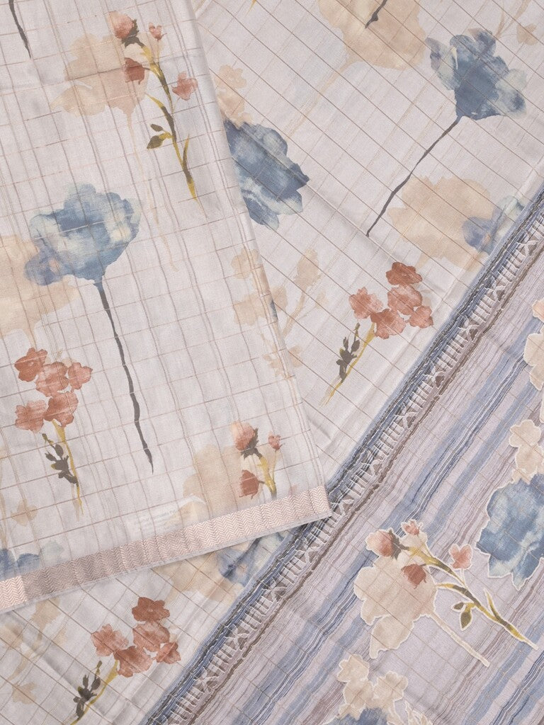 Tussar fancy saree half white color allover prints & small kaddi border with short printed pallu and attached blouse