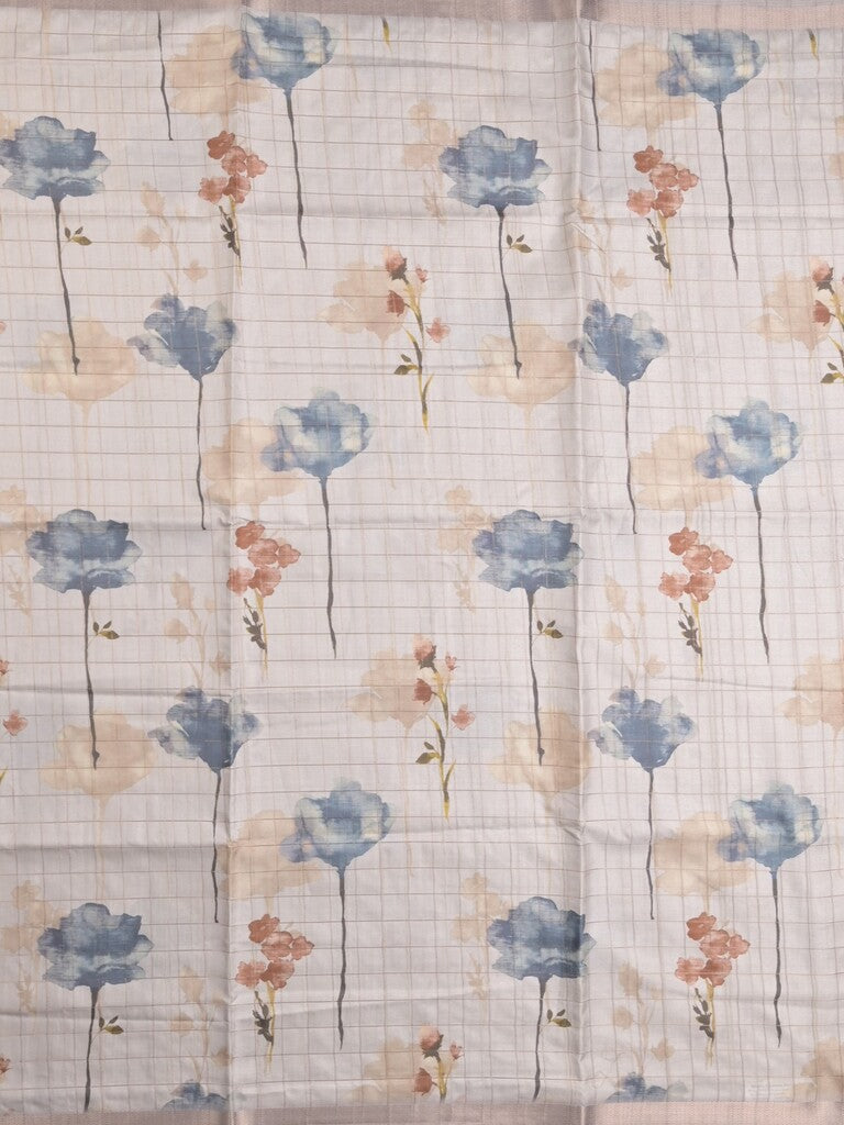 Tussar fancy saree half white color allover prints & small kaddi border with short printed pallu and attached blouse