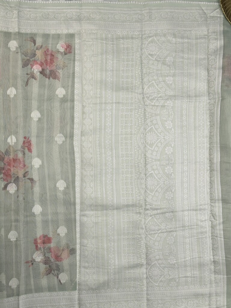 Chanderi fancy saree light greenish grey color allover weaves & zari border with rich pallu and attached blouse