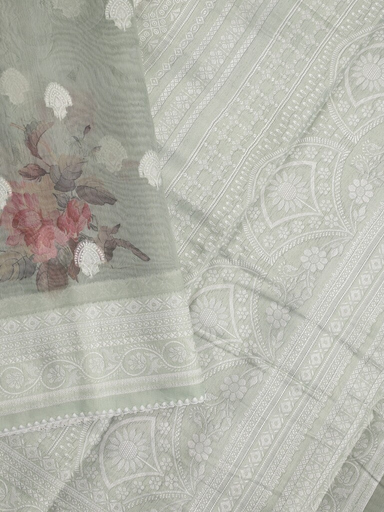 Chanderi fancy saree light greenish grey color allover weaves & zari border with rich pallu and attached blouse