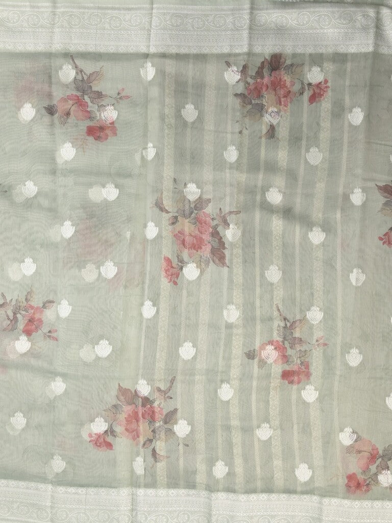 Chanderi fancy saree light greenish grey color allover weaves & zari border with rich pallu and attached blouse