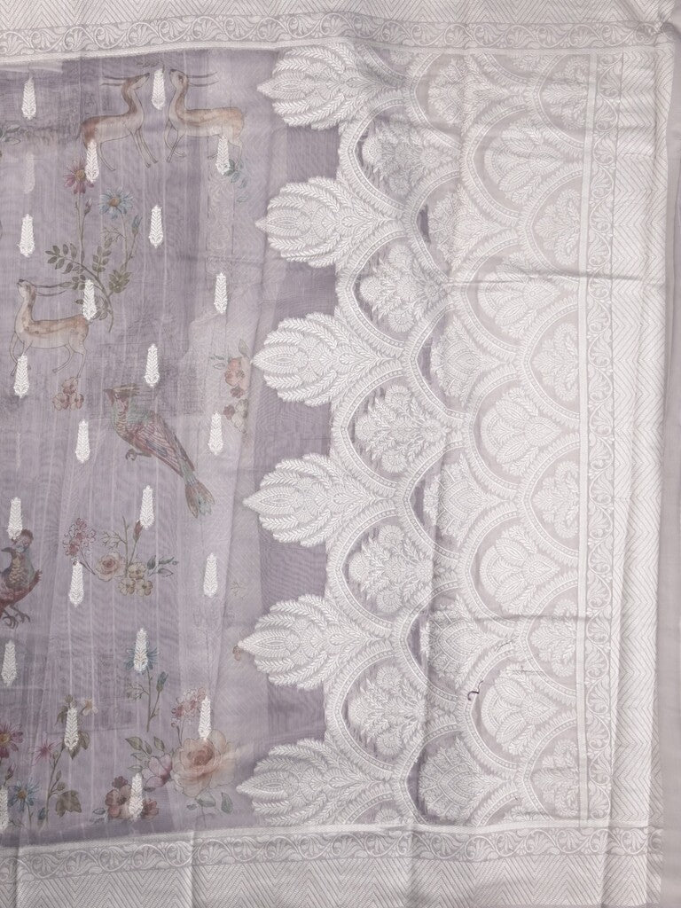 Chanderi fancy saree grey color allover weaves & zari border with rich pallu and attached blouse