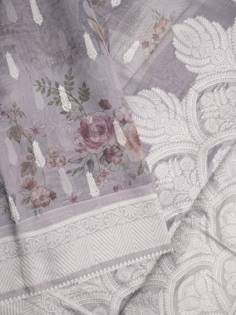 Chanderi fancy saree grey color allover weaves & zari border with rich pallu and attached blouse