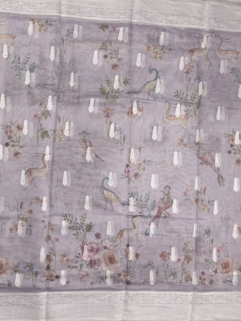 Chanderi fancy saree grey color allover weaves & zari border with rich pallu and attached blouse