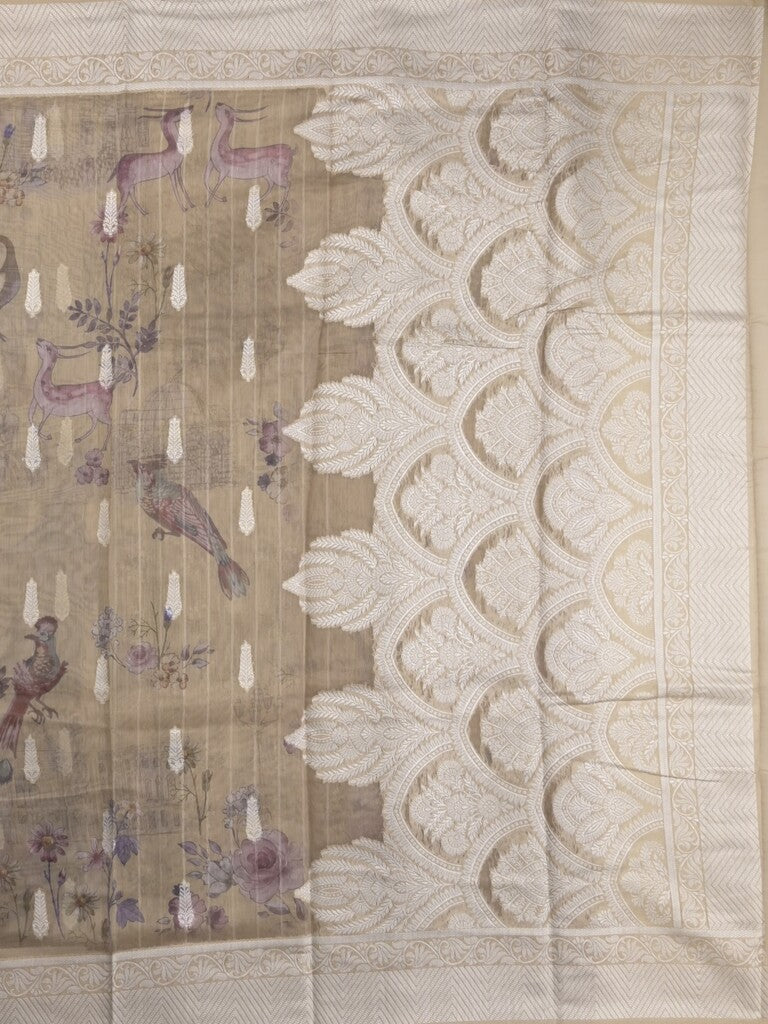 Chanderi fancy saree light snuff color allover weaves & zari border with rich pallu and attached blouse