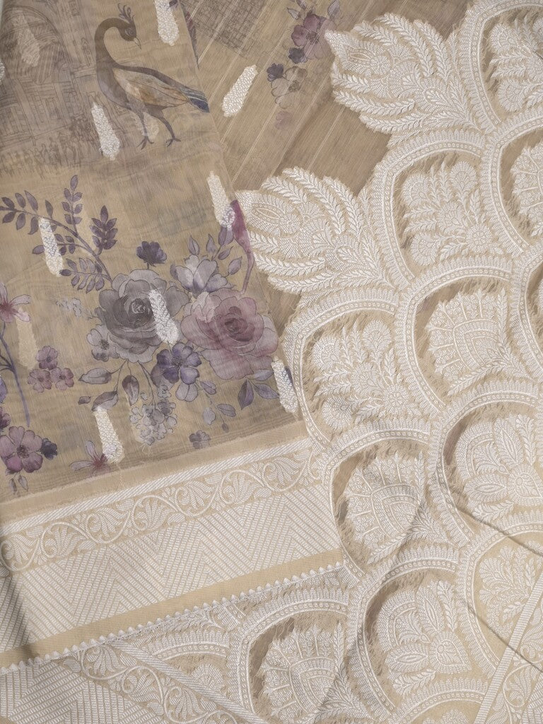 Chanderi fancy saree light snuff color allover weaves & zari border with rich pallu and attached blouse