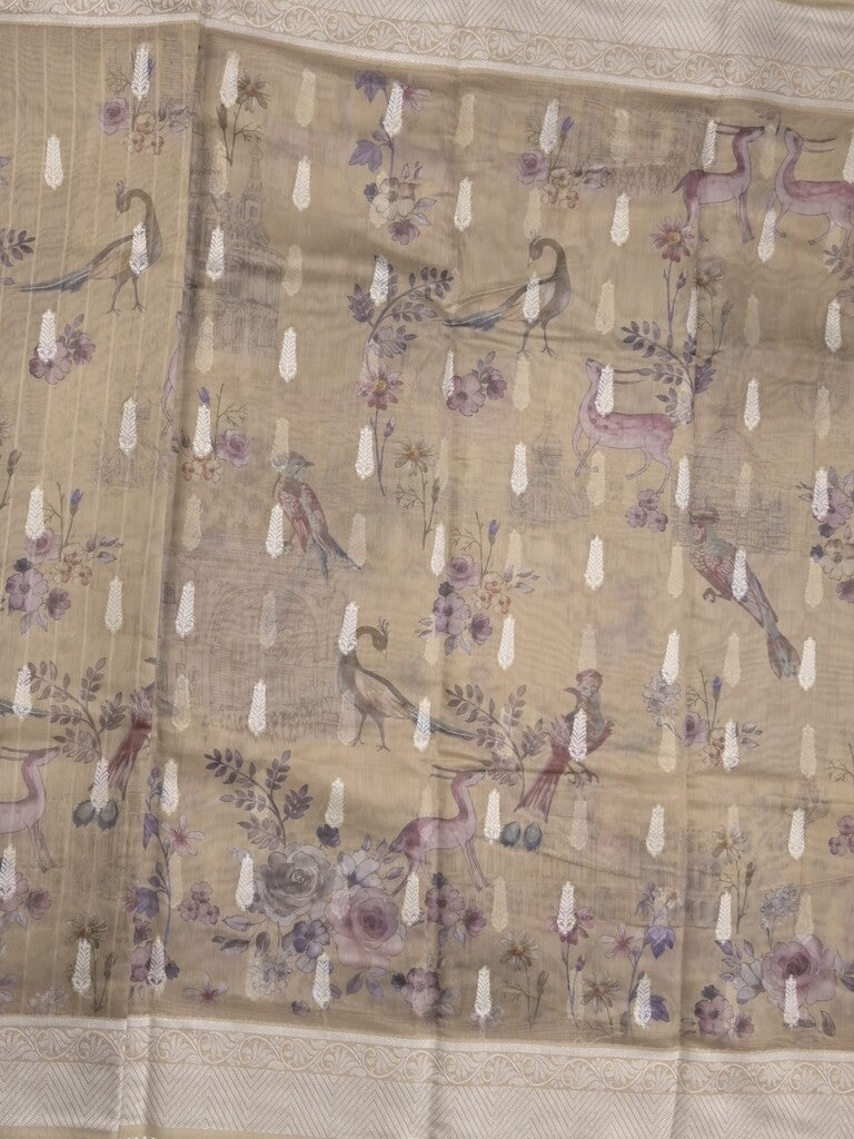 Chanderi fancy saree light snuff color allover weaves & zari border with rich pallu and attached blouse