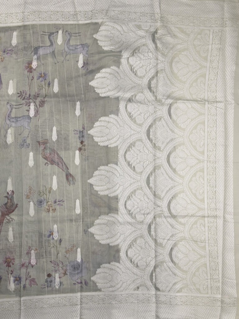 Chanderi fancy saree grey color allover weaves & zari border with rich pallu and attached blouse