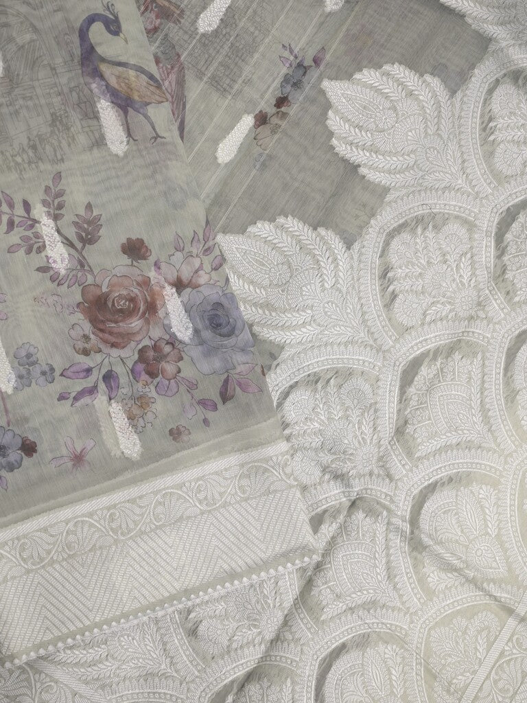 Chanderi fancy saree grey color allover weaves & zari border with rich pallu and attached blouse