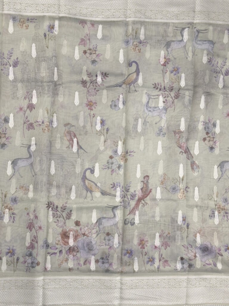 Chanderi fancy saree grey color allover weaves & zari border with rich pallu and attached blouse