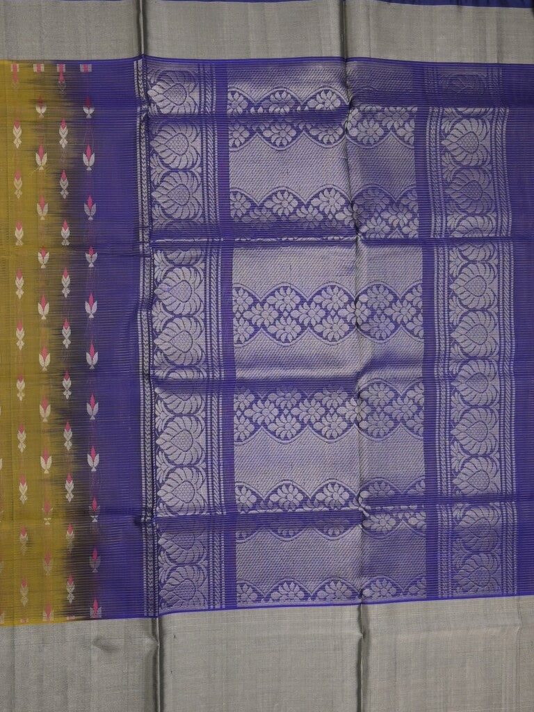 Uppada pattu saree olive green color allover zari motifs & long kaddi border with rich pallu and contrast plain blouse