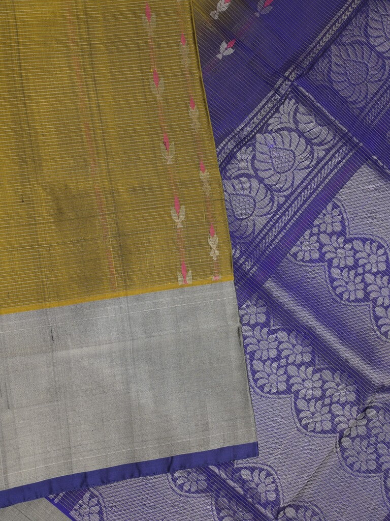 Uppada pattu saree olive green color allover zari motifs & long kaddi border with rich pallu and contrast plain blouse