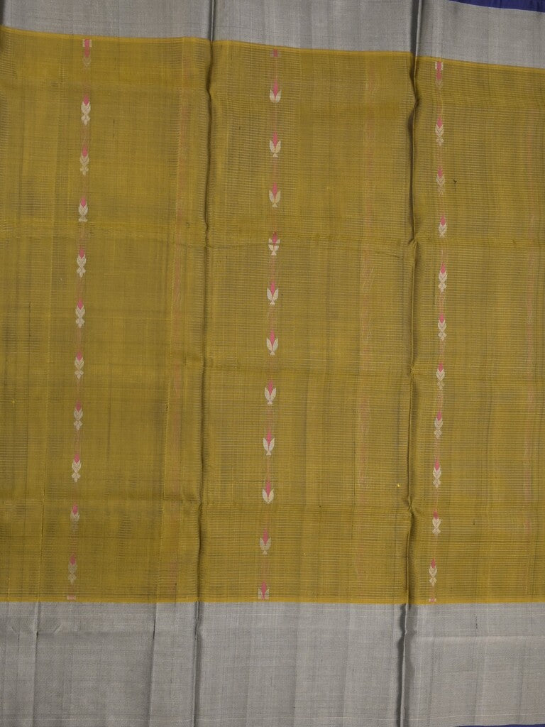 Uppada pattu saree olive green color allover zari motifs & long kaddi border with rich pallu and contrast plain blouse