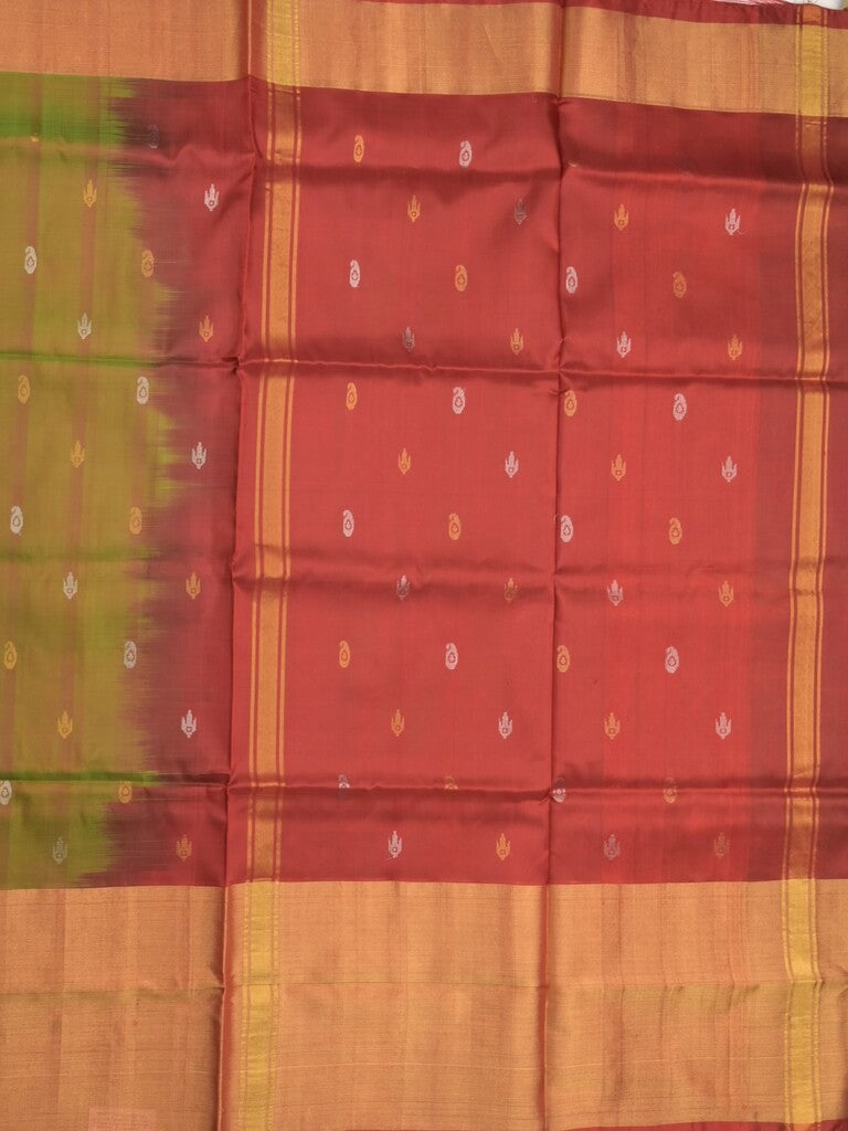 Uppada pattu saree olive green color allover zari motifs & long kaddi border with rich pallu and contrast plain blouse