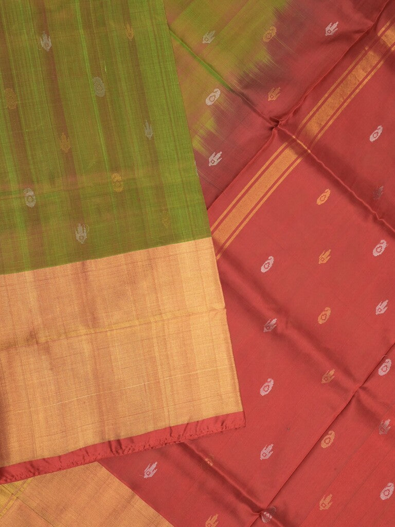Uppada pattu saree olive green color allover zari motifs & long kaddi border with rich pallu and contrast plain blouse
