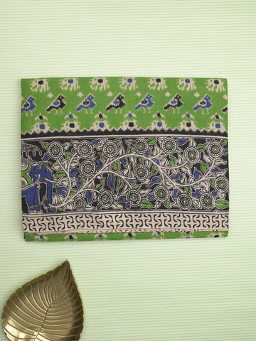 Kalamakari cotton saree parrot green color allover prints & printed border with printed pallu and contrast blouse