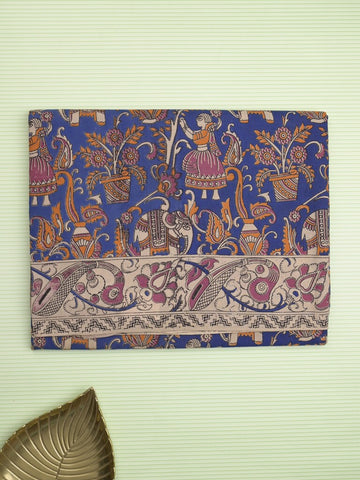 Kalamakari cotton saree royal blue color allover prints & printed border with printed pallu and contrast blouse