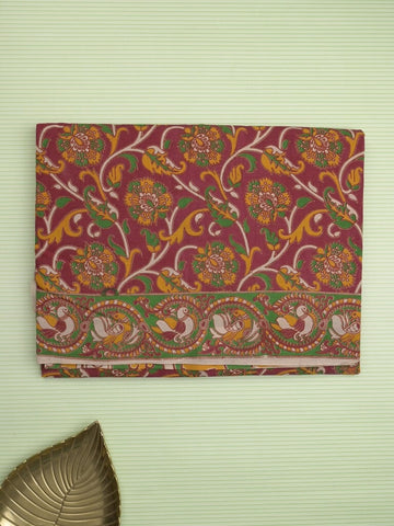Kalamakari cotton saree maroon color allover prints & printed border with printed pallu and contrast blouse