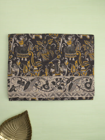 Kalamakari cotton saree black color allover prints & printed border with printed pallu and contrast blouse