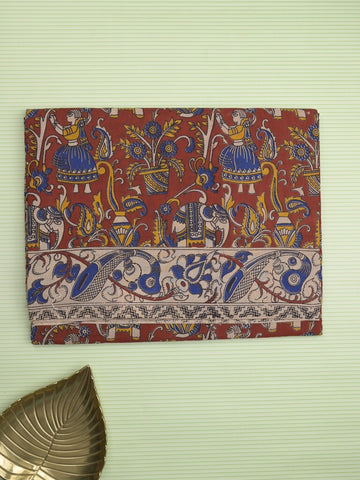 Kalamakari cotton saree maroon color allover prints & printed border with printed pallu and contrast blouse
