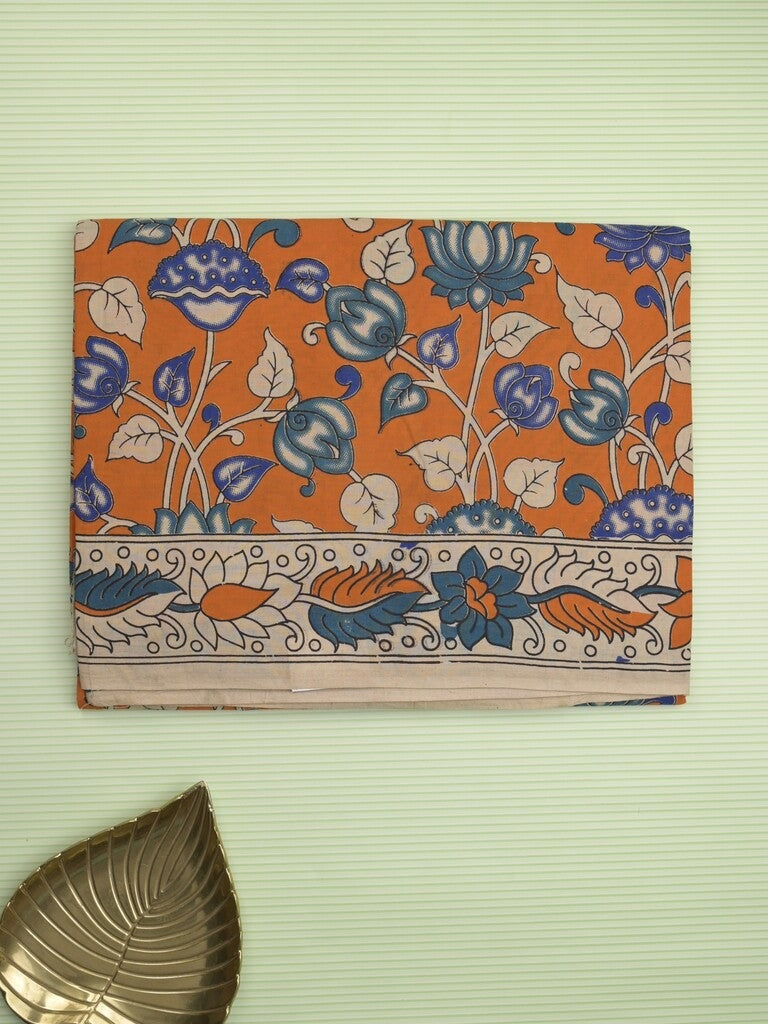 Kalamakari cotton saree orange color allover prints & printed border with printed pallu and contrast blouse