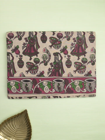 Kalamakari cotton saree half white color allover prints & printed border with printed pallu and contrast blouse