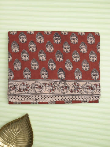 Kalamakari cotton saree maroon color allover prints & printed border with printed pallu and contrast blouse