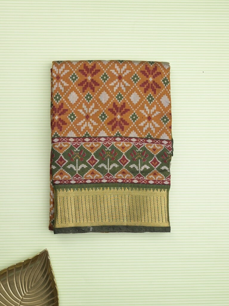 Maheshwari fancy saree mustard yellow color allover prints & zari border with contrast printed pallu and blouse