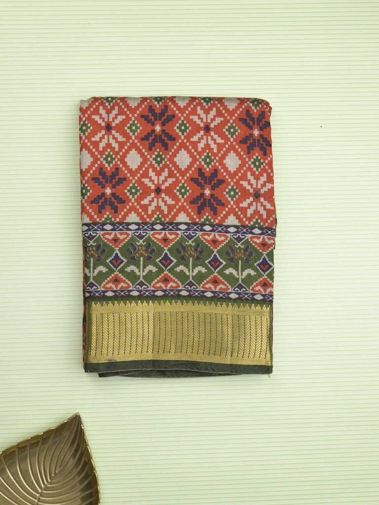 Maheshwari fancy saree orange color allover prints & zari border with contrast printed pallu and blouse