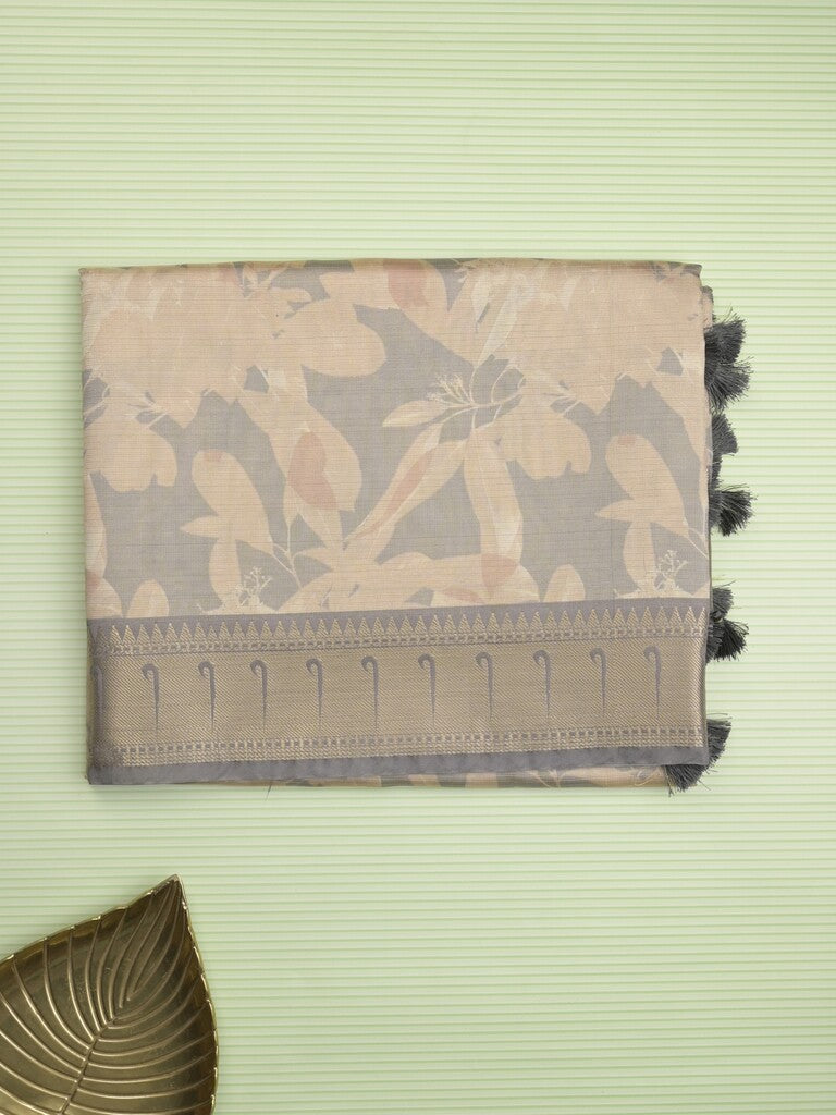 Banaras digital print fancy sarees half white color allover prints & zari border with short pallu and contrast blouse