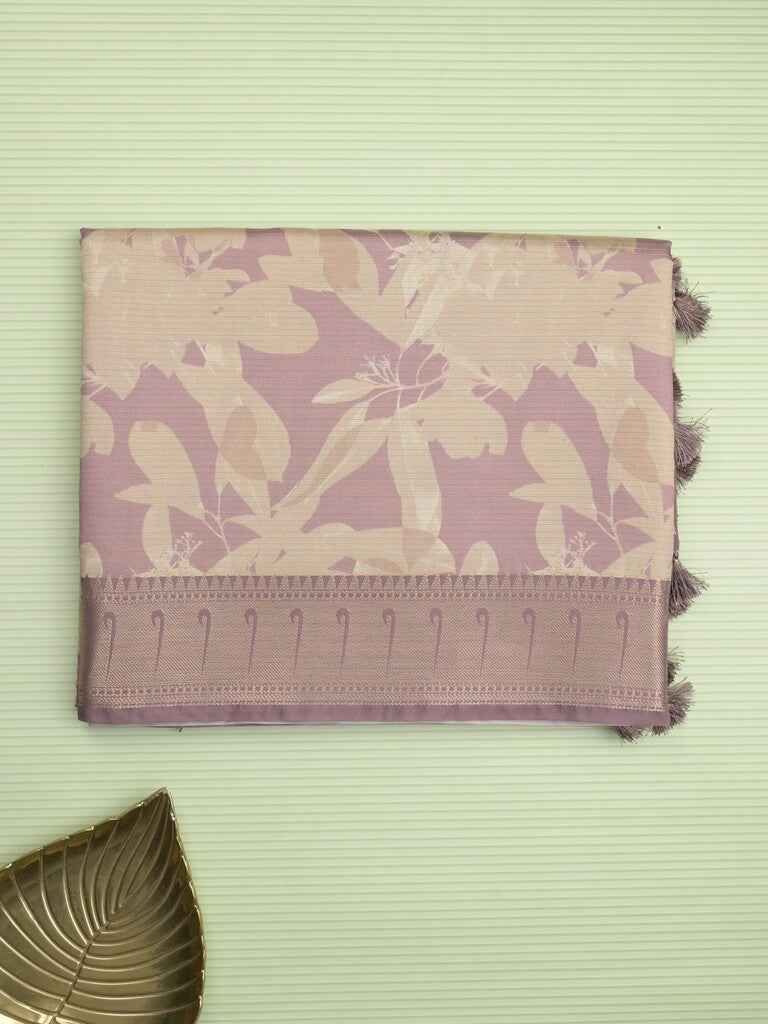 Banaras digital print fancy sarees half white color allover prints & zari border with short pallu and contrast blouse