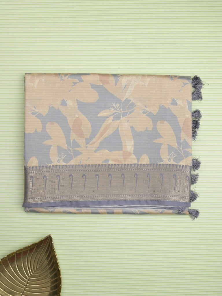 Banaras digital print fancy sarees half white color allover prints & zari border with short pallu and contrast blouse