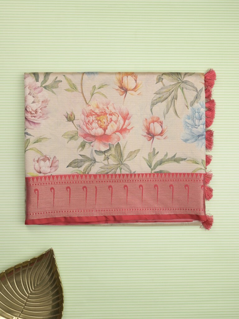 Banaras digital print fancy sarees light cream color allover prints & zari border with short pallu and contrast blouse