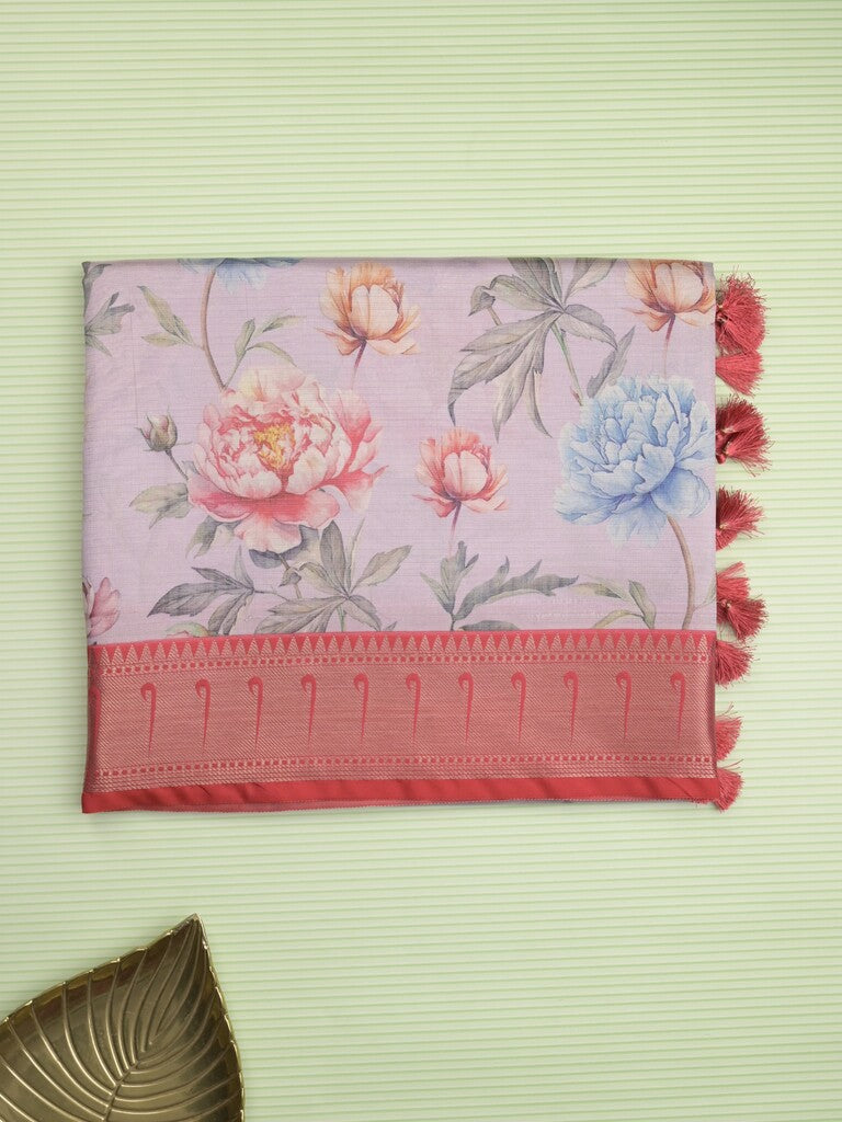 Banaras digital print fancy sarees pastel purple color allover prints & zari border with short pallu and contrast blouse