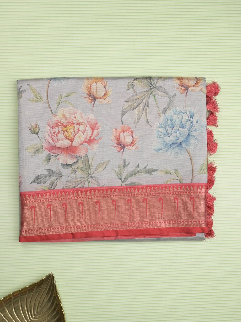 Banaras digital print fancy sarees light lavender color allover prints & zari border with short pallu and contrast blouse