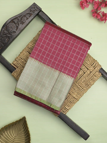 Mangalagiri fancy saree wine color allover zari checks & kaddi border with contrast pallu and plain blouse