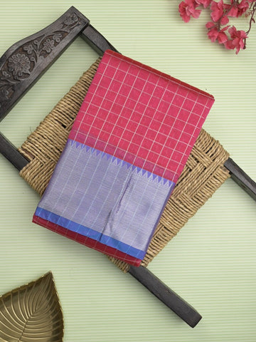 Mangalagiri fancy saree cherry pink color allover zari checks & kaddi border with contrast pallu and plain blouse