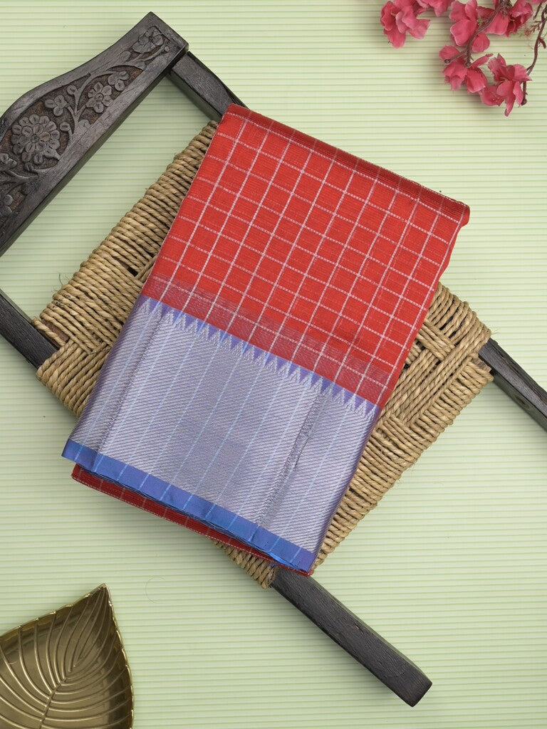 Mangalagiri fancy saree red color allover zari checks & kaddi border with contrast pallu and plain blouse