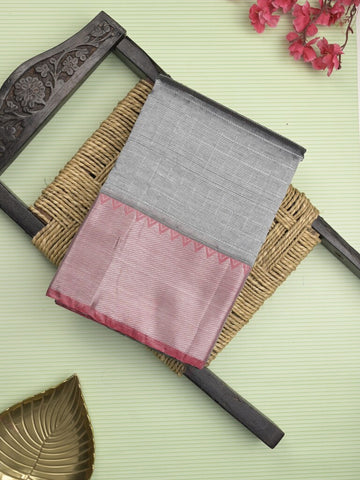 Mangalagiri fancy saree grey color allover zari checks & kaddi border with contrast pallu and plain blouse