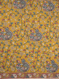 Kalamakari cotton saree golden yellow color allover prints & printed border with printed pallu and contrast blouse