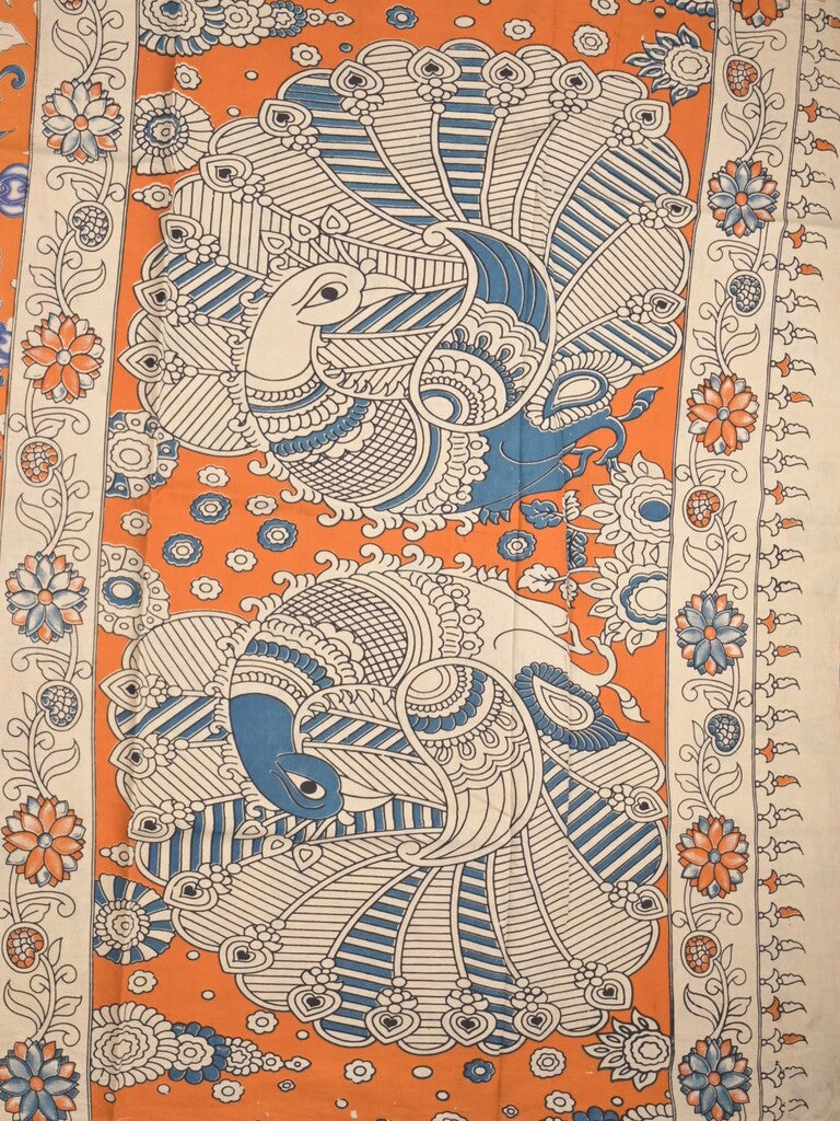 Kalamakari cotton saree orange color allover prints & printed border with printed pallu and contrast blouse
