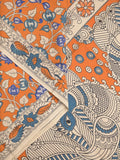 Kalamakari cotton saree orange color allover prints & printed border with printed pallu and contrast blouse