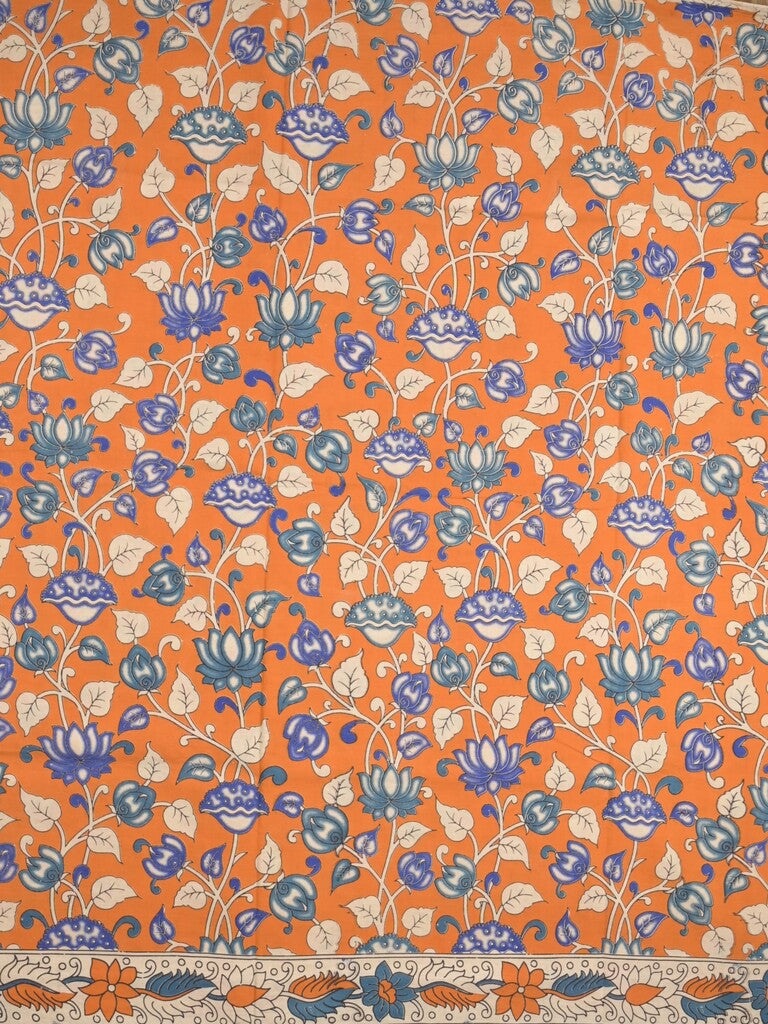 Kalamakari cotton saree orange color allover prints & printed border with printed pallu and contrast blouse