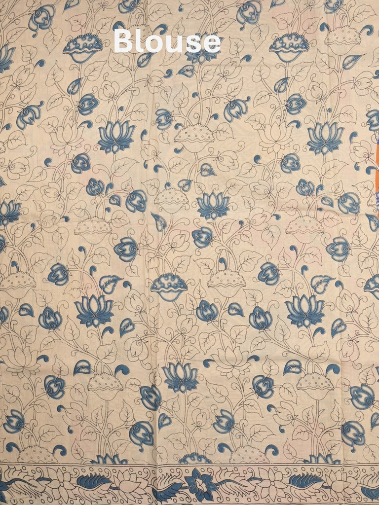 Kalamakari cotton saree orange color allover prints & printed border with printed pallu and contrast blouse