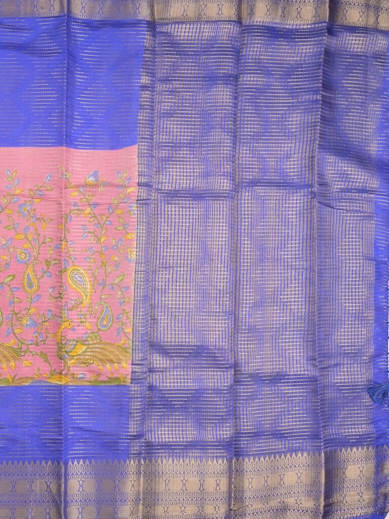 Dola silk fancy saree baby pink and blue color allover prints & zari border with contrast pallu and attached blouse