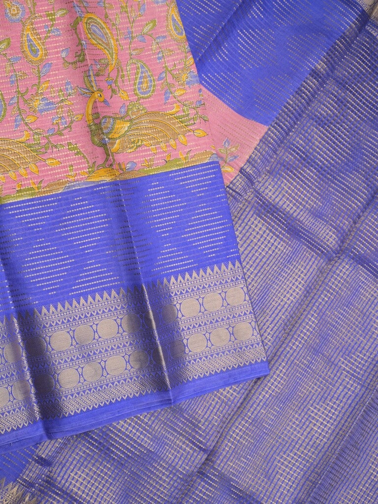 Dola silk fancy saree baby pink and blue color allover prints & zari border with contrast pallu and attached blouse