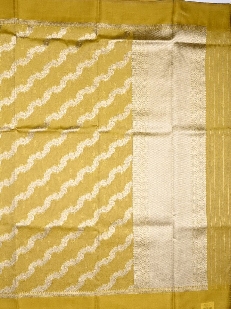 Organza tissue fancy saree golden yellow color allover stripes & small kaddi border with short pallu and attached blouse