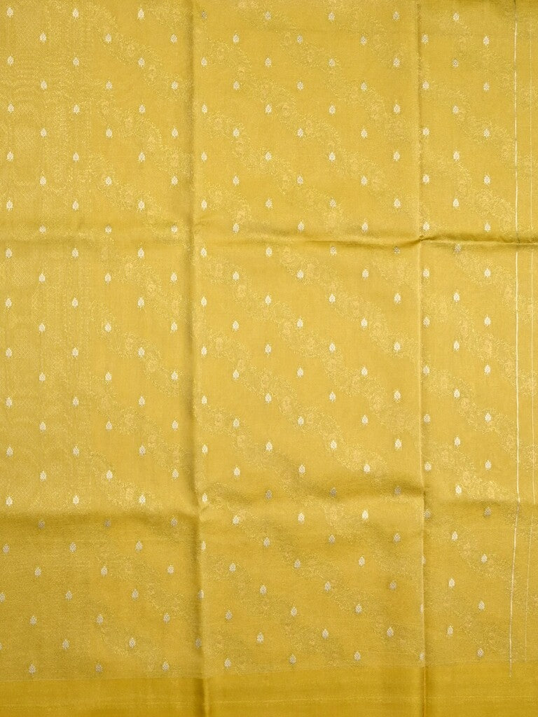 Organza tissue fancy saree golden yellow color allover stripes & small kaddi border with short pallu and attached blouse